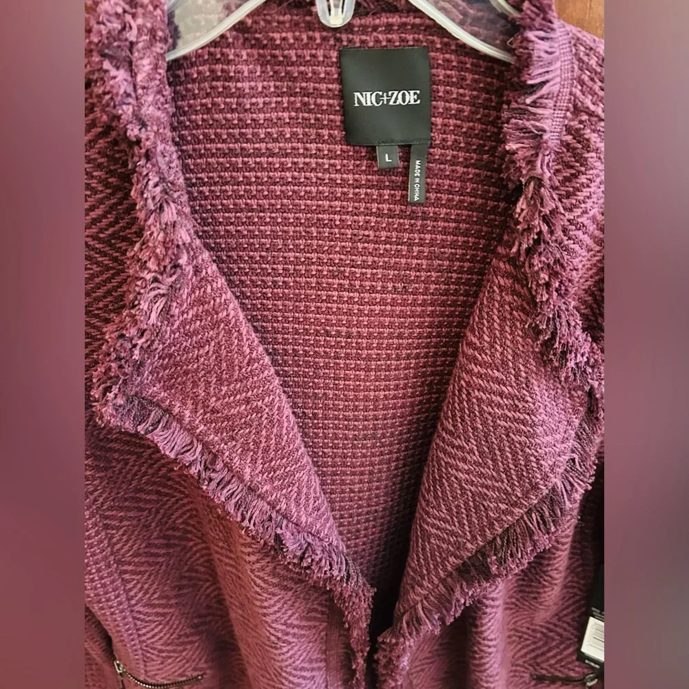 NWT NIC+ZOE Burgundy Frayed-Trim Tweed and Knit Mixed Blazer, Size Large - Picture 5 of 16